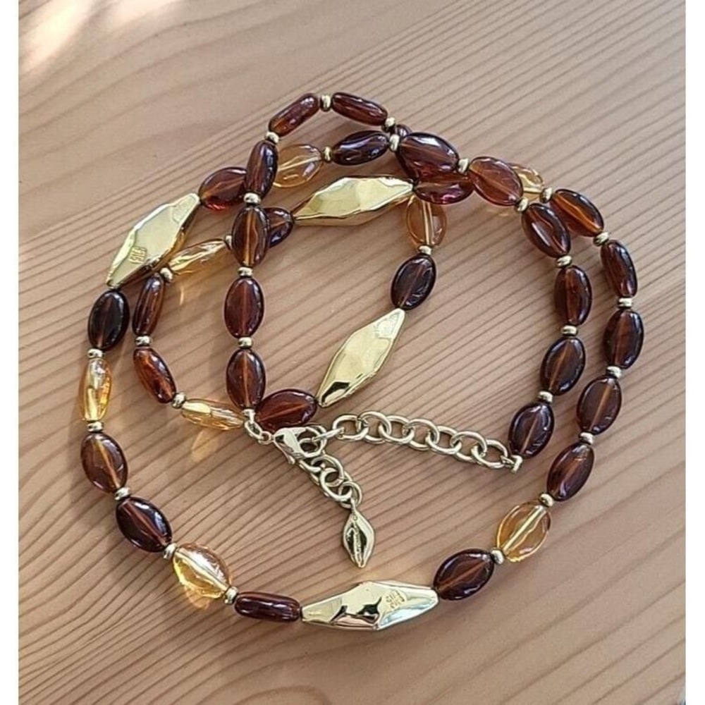 Givenchy Amber Lucite Gold Tone Beaded Signed Necklace Vintage 34 Inch